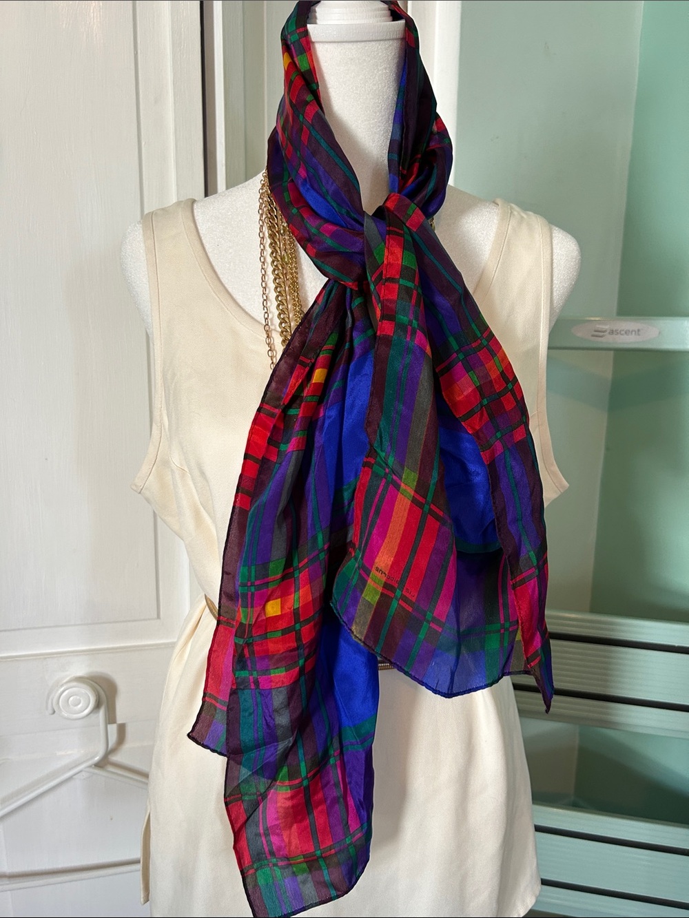 Liz Claiborne Colorful Plaid Lightweight Scarf - Multicolor 10.5”x53”